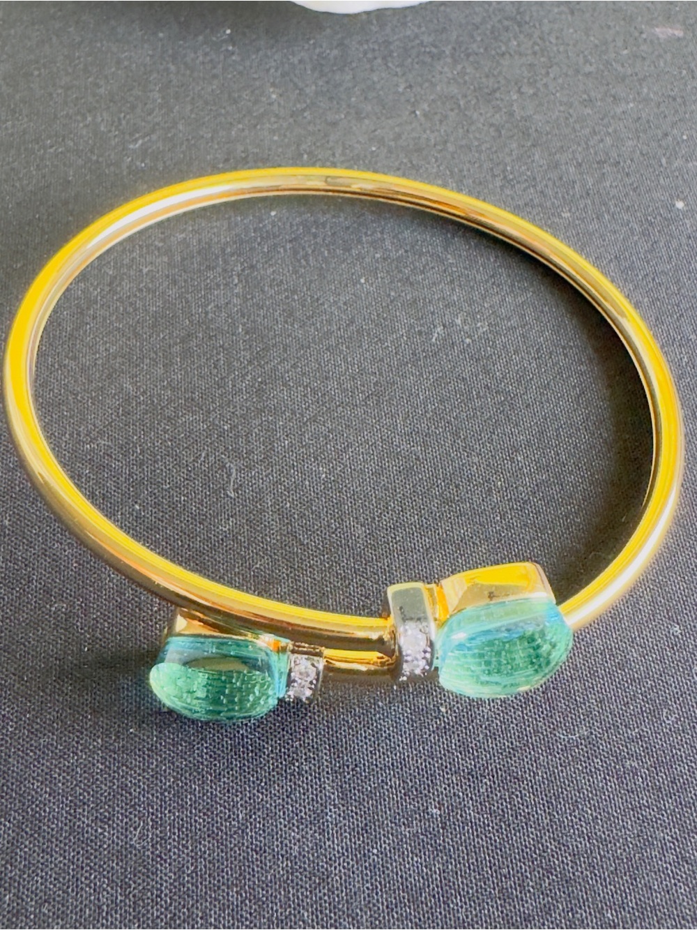 Gold Bypass Bracelet with Aqua Green Gem Accents - Picture 3 of 5